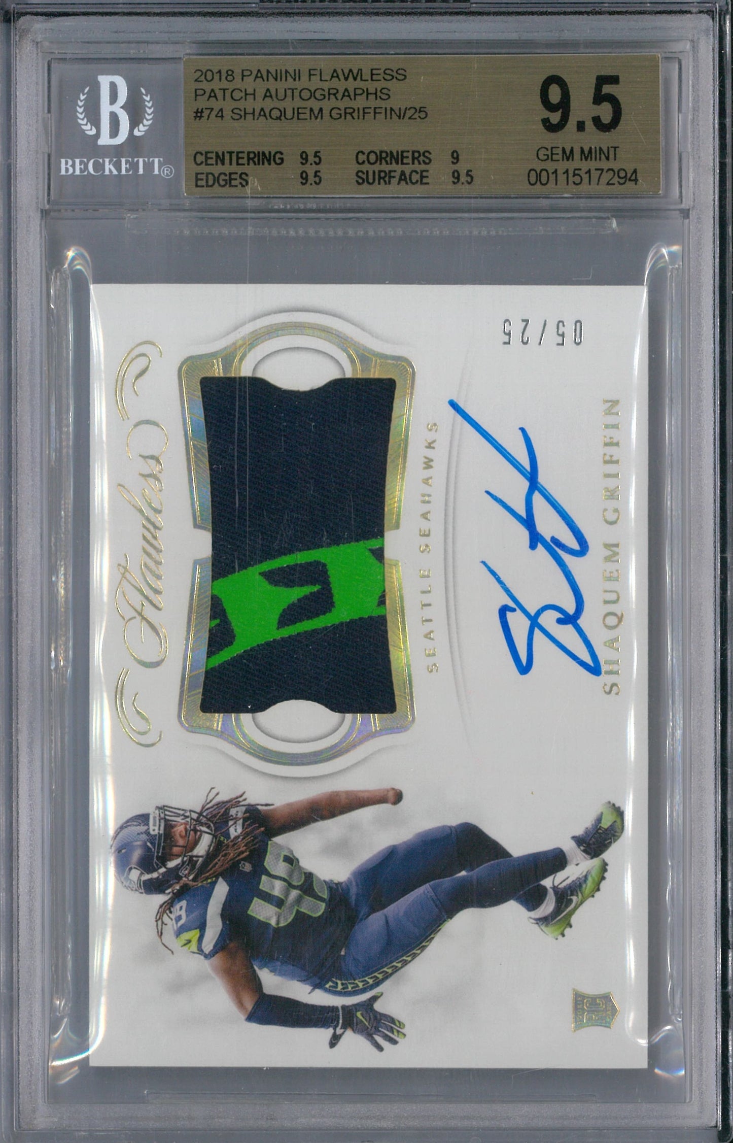 2018 Panini Flawless #PA-SG Shaquem Griffin Patch Autograph /25 BGS 9.5