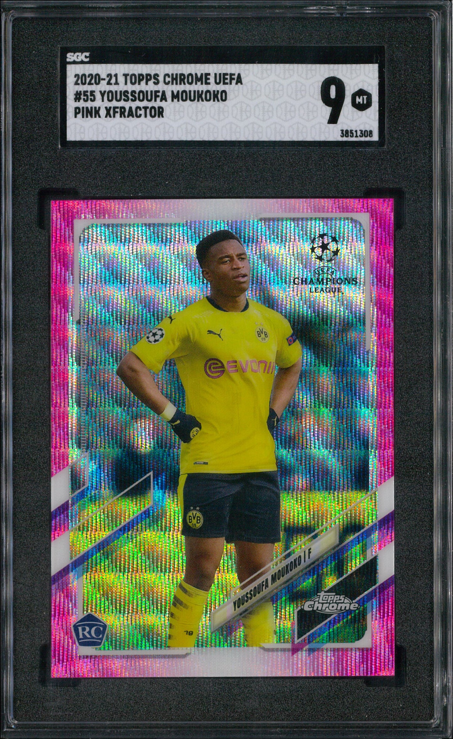 2020/21 Topps Chrome UCC #55 Youssoufa Moukoko Pink XFractor Rookie SGC 9