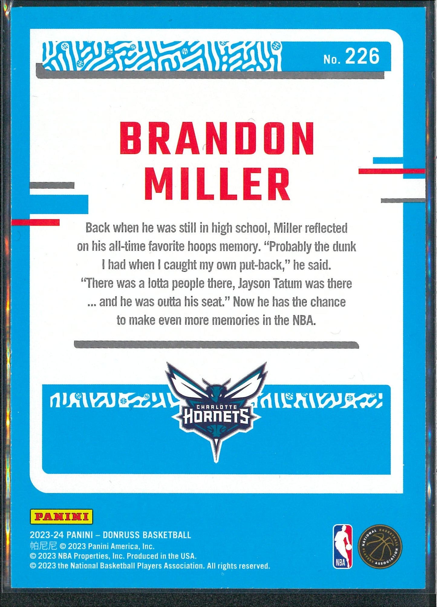 2023/24 Panini Donruss #226 Brandon Miller Rated Rookie