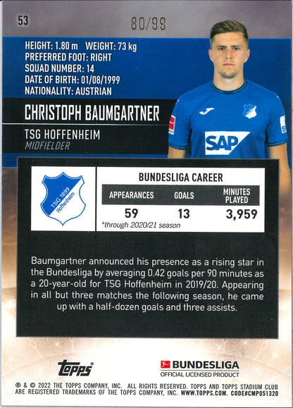 2022 Topps Stadium Club Chrome Bundesliga #53 Christoph Baumgartner Blue /99