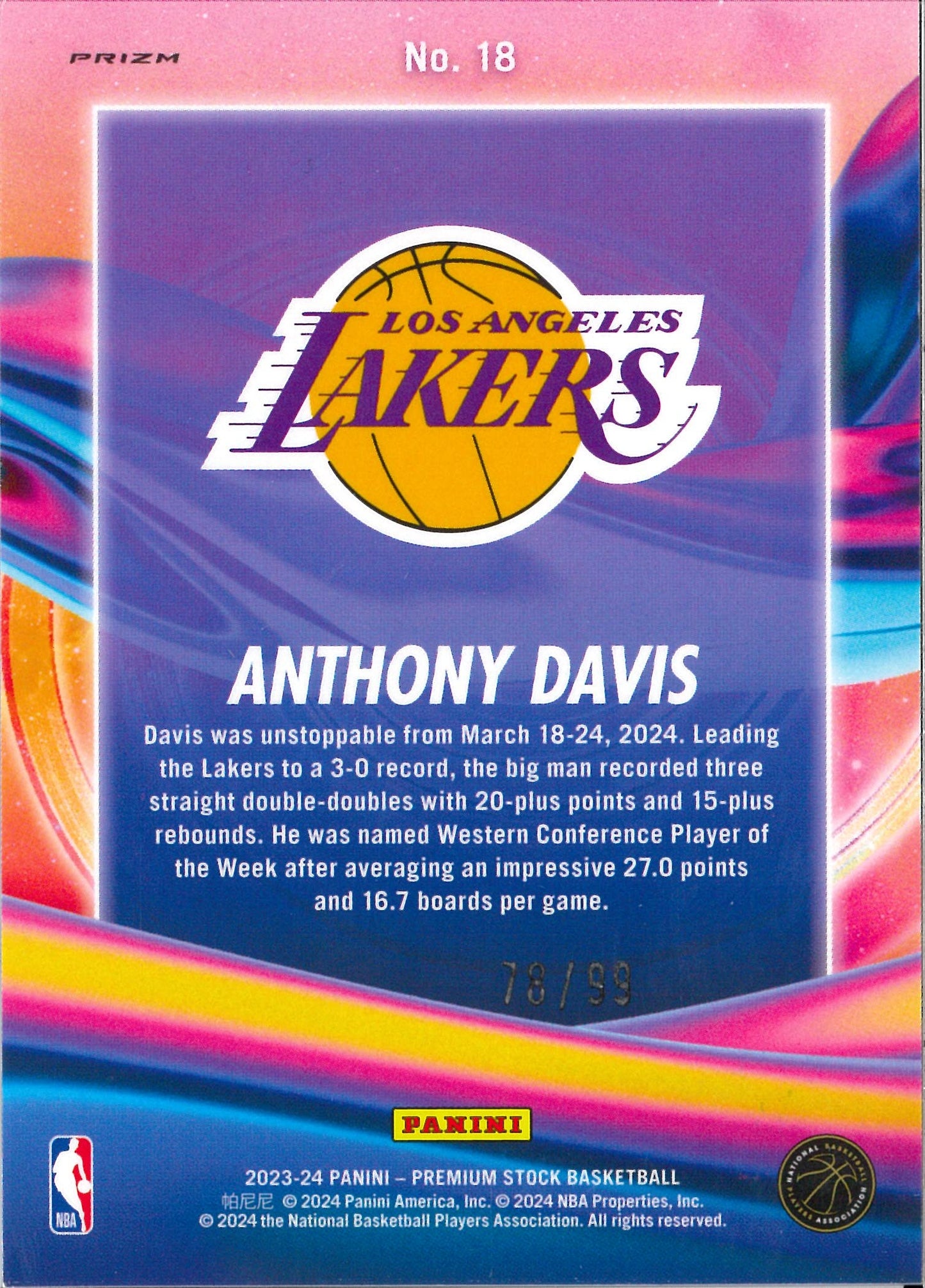 2023-2024 Panini Premium Stock NBA Hoops Antigravity Anthony Davis prizm /99