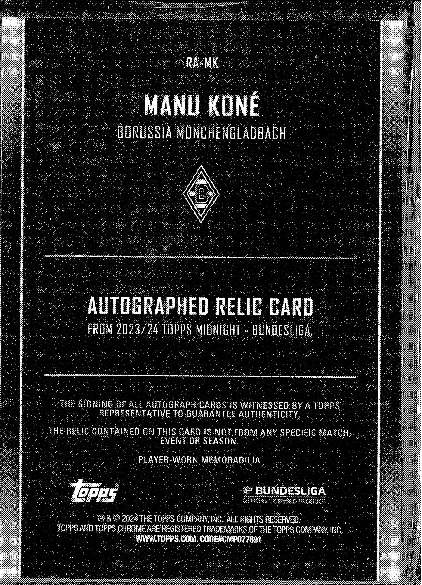 2023/24 Topps Midnight Bundesliga #RA-MK Manu Kone Patch Autograph