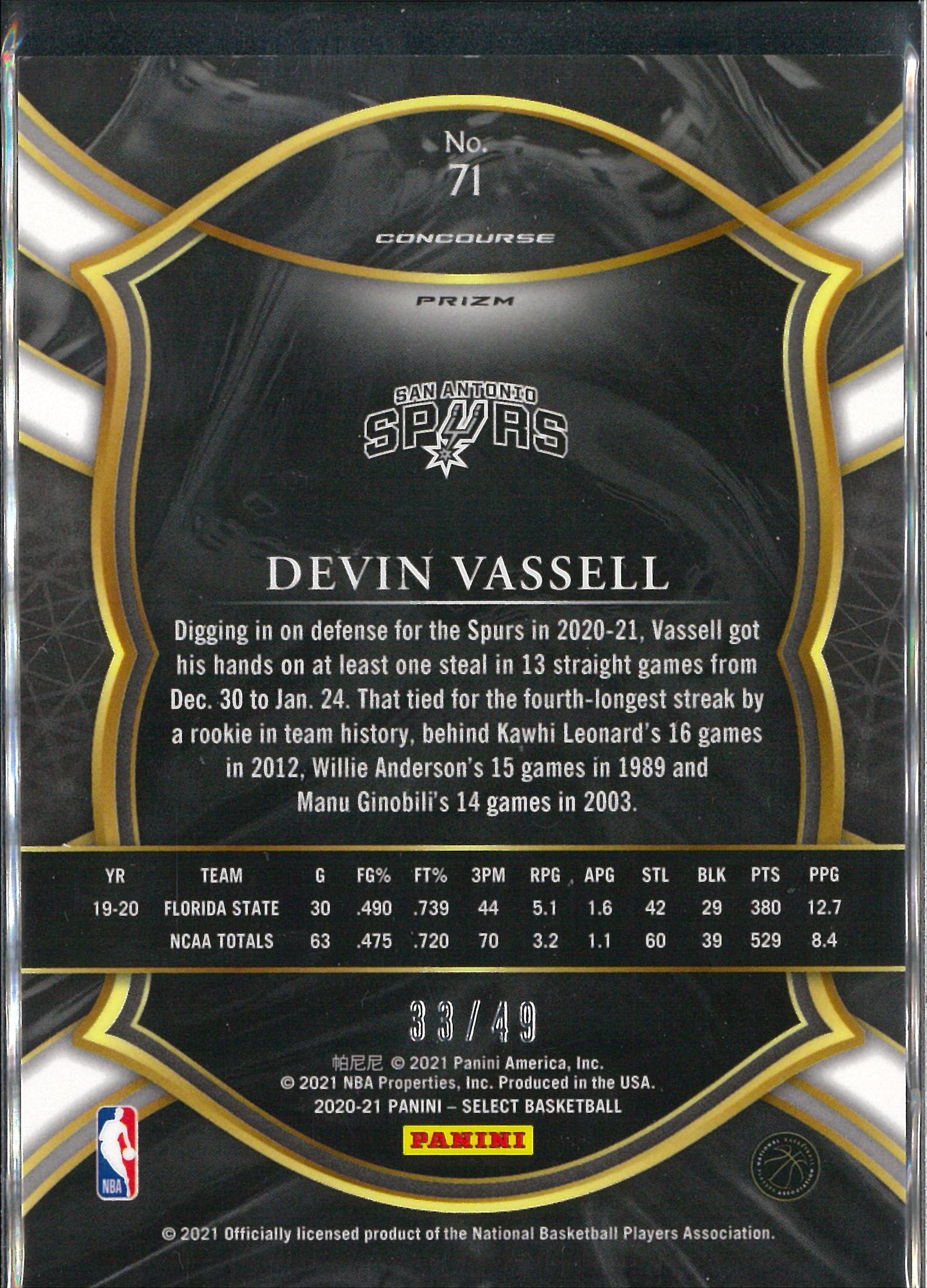 2020/21 Panini Select Basketball #71 Devin Vassell Green/Blue Rookie /49