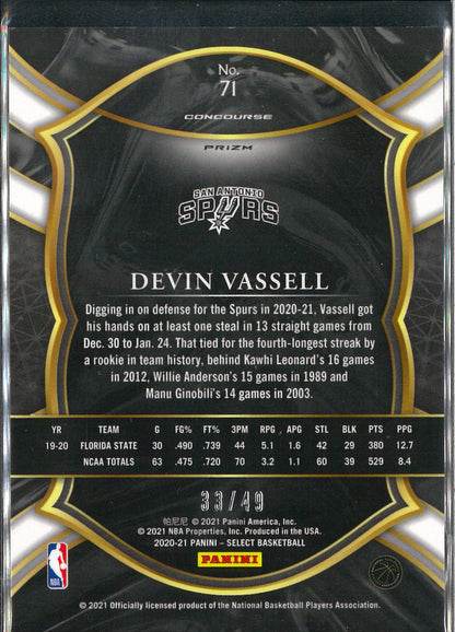 2020/21 Panini Select Basketball #71 Devin Vassell Green/Blue Rookie /49