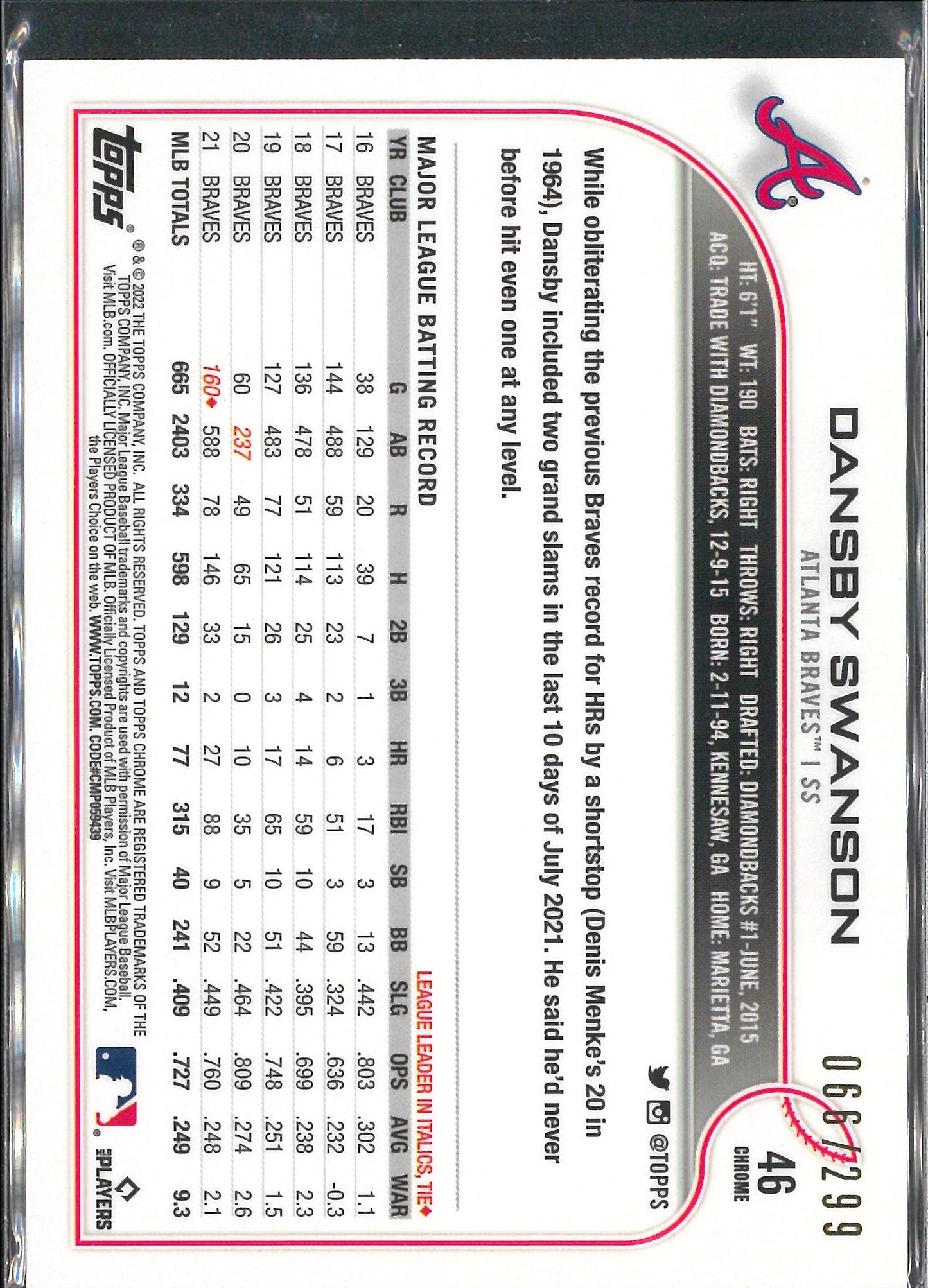 2022 Topps Chrome Baseball #46 Dansby Swanson Yellow/Purple /299