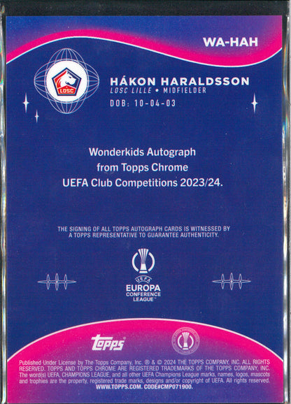 2023/24 Topps Chrome UCC #WA-HAH Hakon Haraldsson Wonderkids Autograph