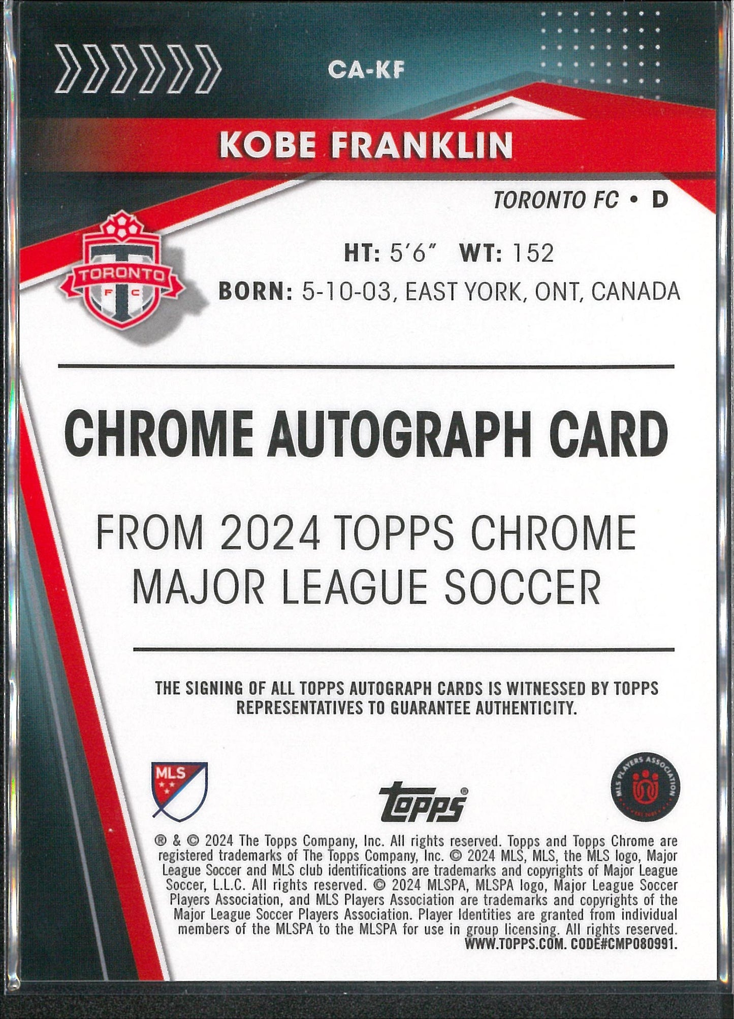 2023/24 Topps Chrome MLS #CA-KF Kobe Franklin Autograph