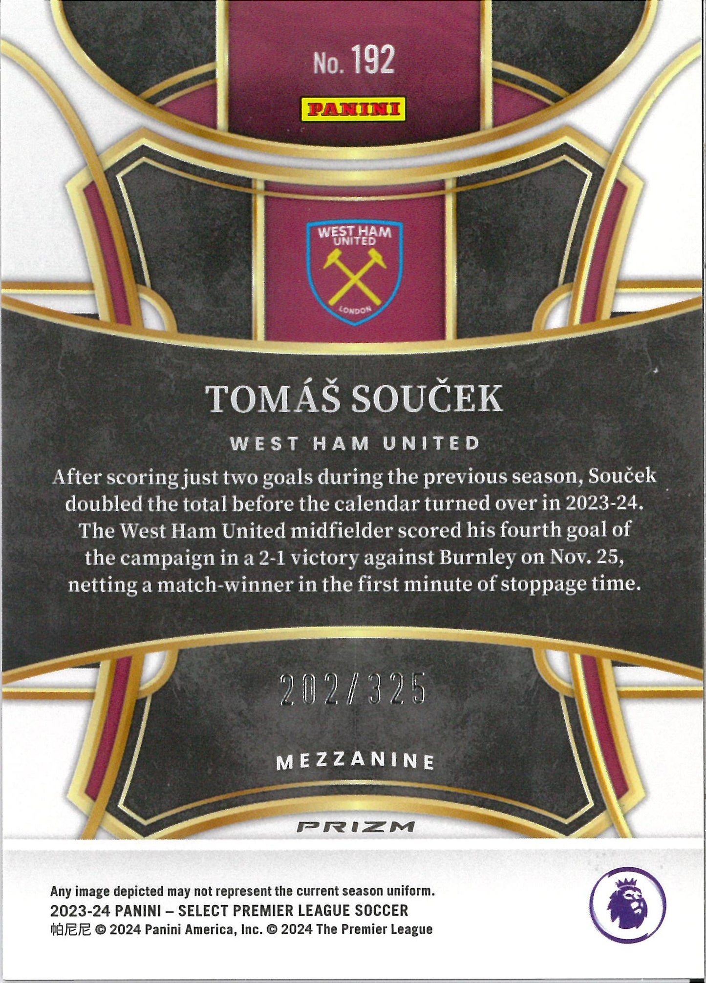 2023/24 Panini Select Premier League #192 Tomas Soucek Purple /325