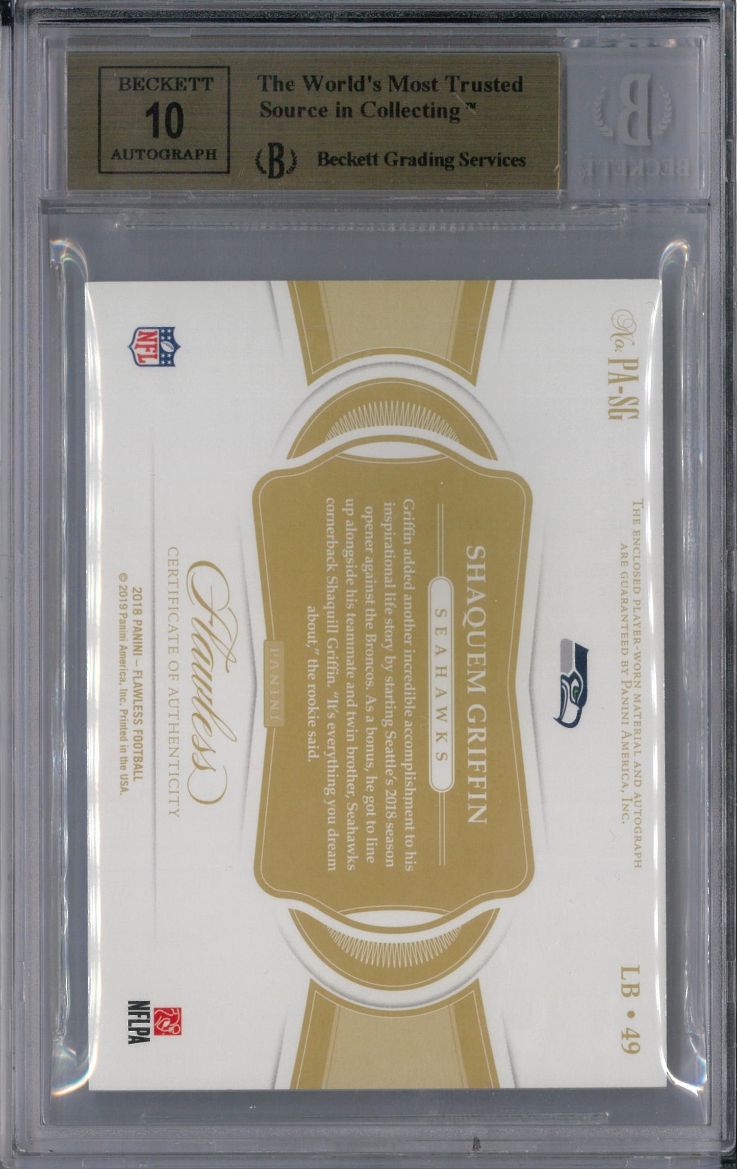 2018 Panini Flawless #PA-SG Shaquem Griffin Patch Autograph /25 BGS 9.5