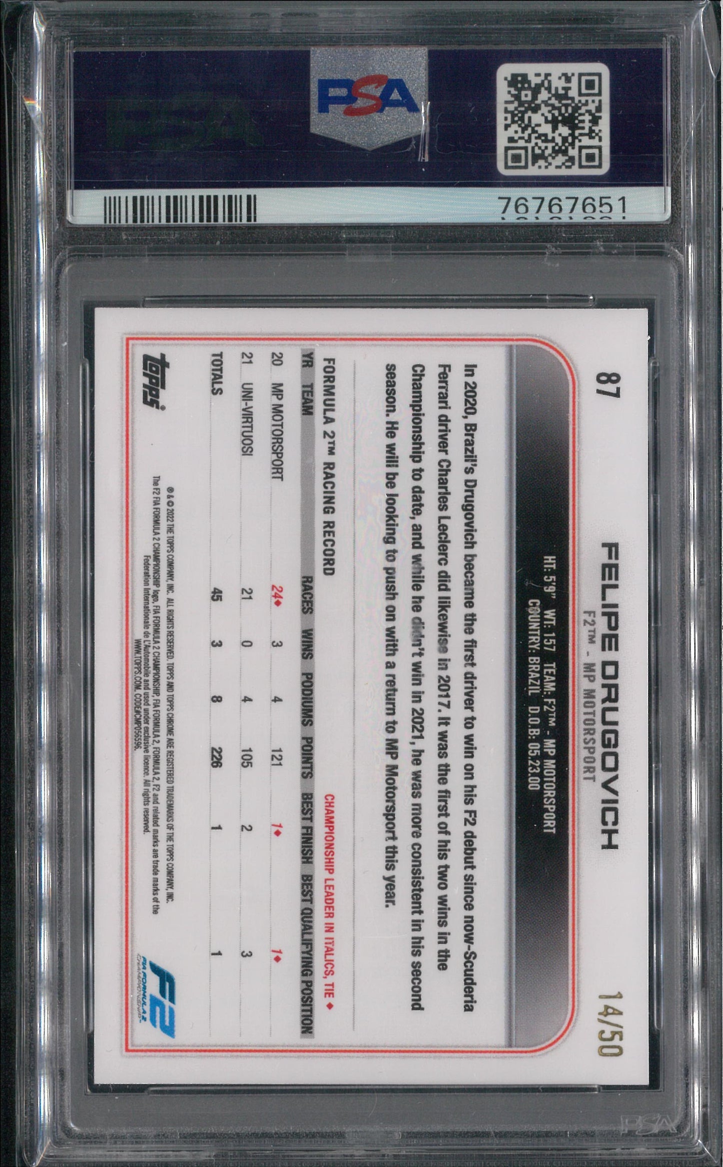 2022 Topps Chrome F1 #87 Felipe Drugovic Gold Future Stars /50 PSA 10