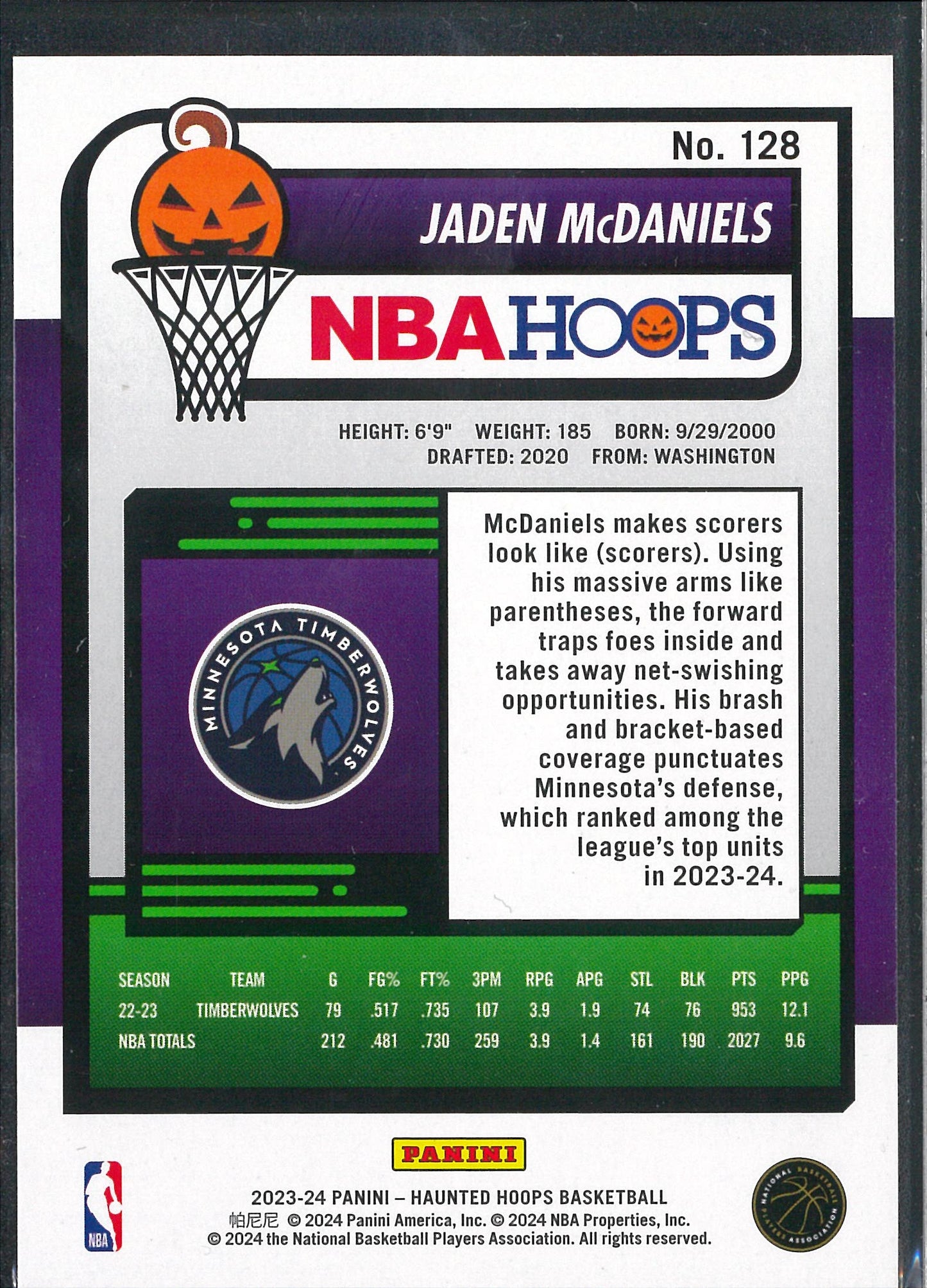 2023/24 Panini Haunted Hoops #128 Jaden McDaniels Orange Parallel