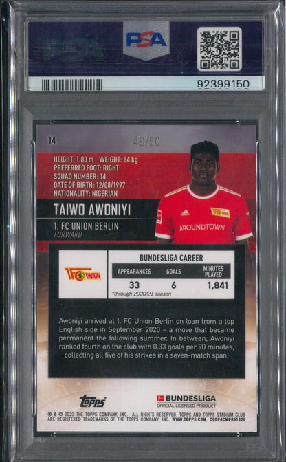 2021 Topps Stadium Club Chrome Bundesliga #14 Taiwo Awoniyi Gold /50 PSA 10