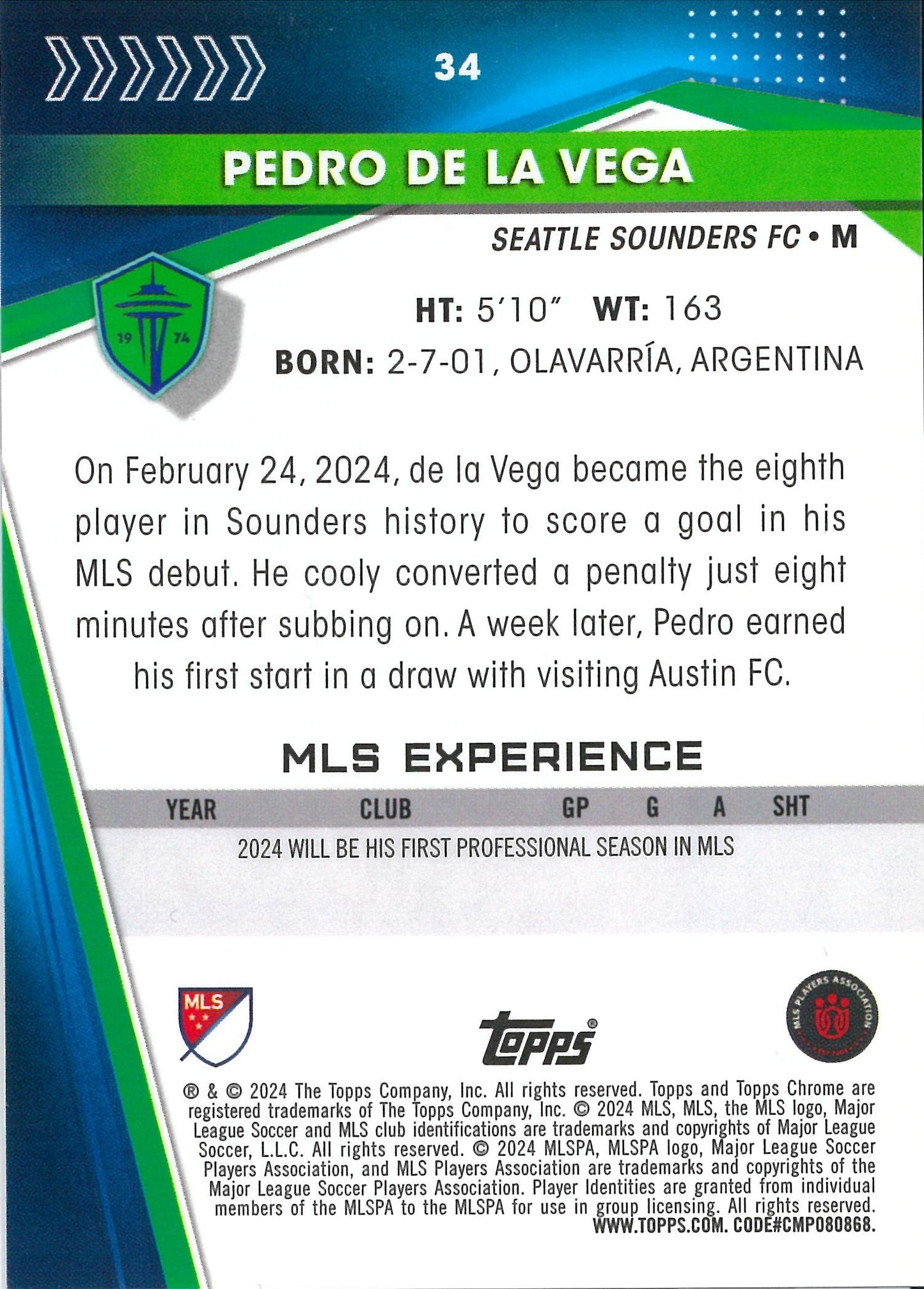 2023/24 Topps Chrome MLS #34 Pedro De Le Vega /250