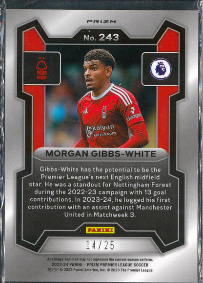 2023/24 Panini Prizm Premier League #243 Morgan Gibbs-White Red Sparkle /25