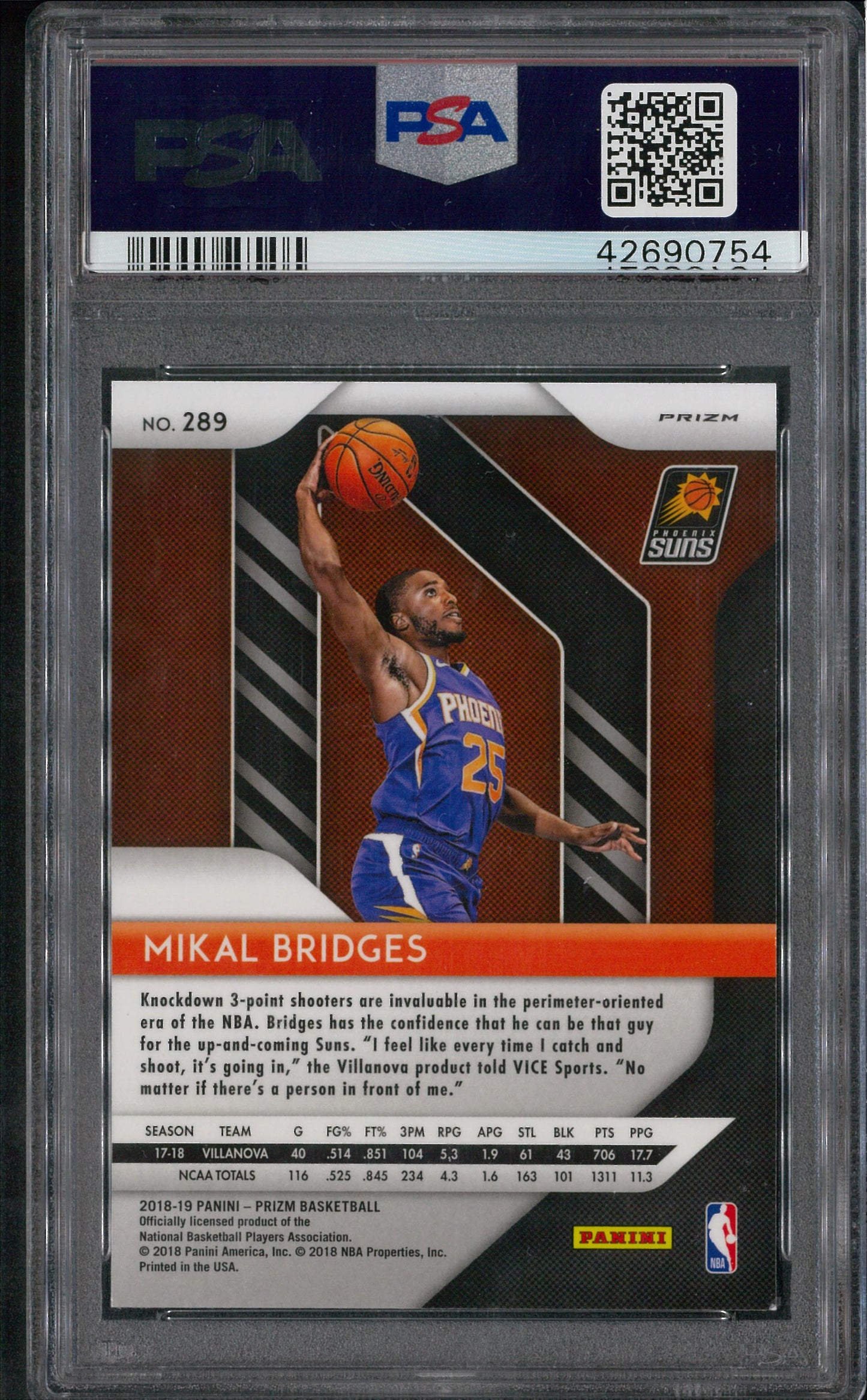 2018 Panini Prizm #289 Mikal Bridges Silver Rookie PSA 9