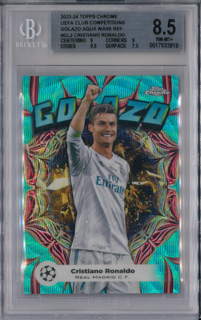 2023/24 Topps Chrome UCC #GL-2 Cristiano Ronaldo Golazo Aqua /199 BGS 8.5