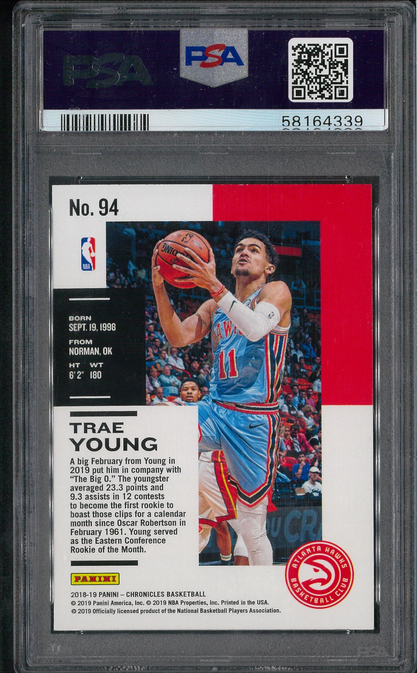 2018-19 Panini Chronicles Basketball #94 Trae Young Rookie Card PSA 9