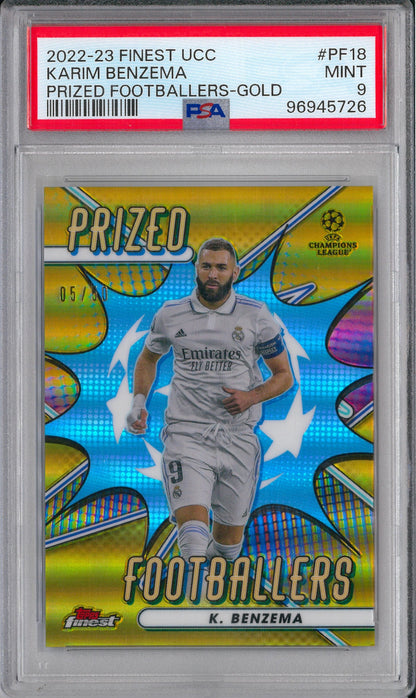 2022/23 Topps Finest #PF-18 Karim Benzema Prized Footballers Gold /50 PSA 9