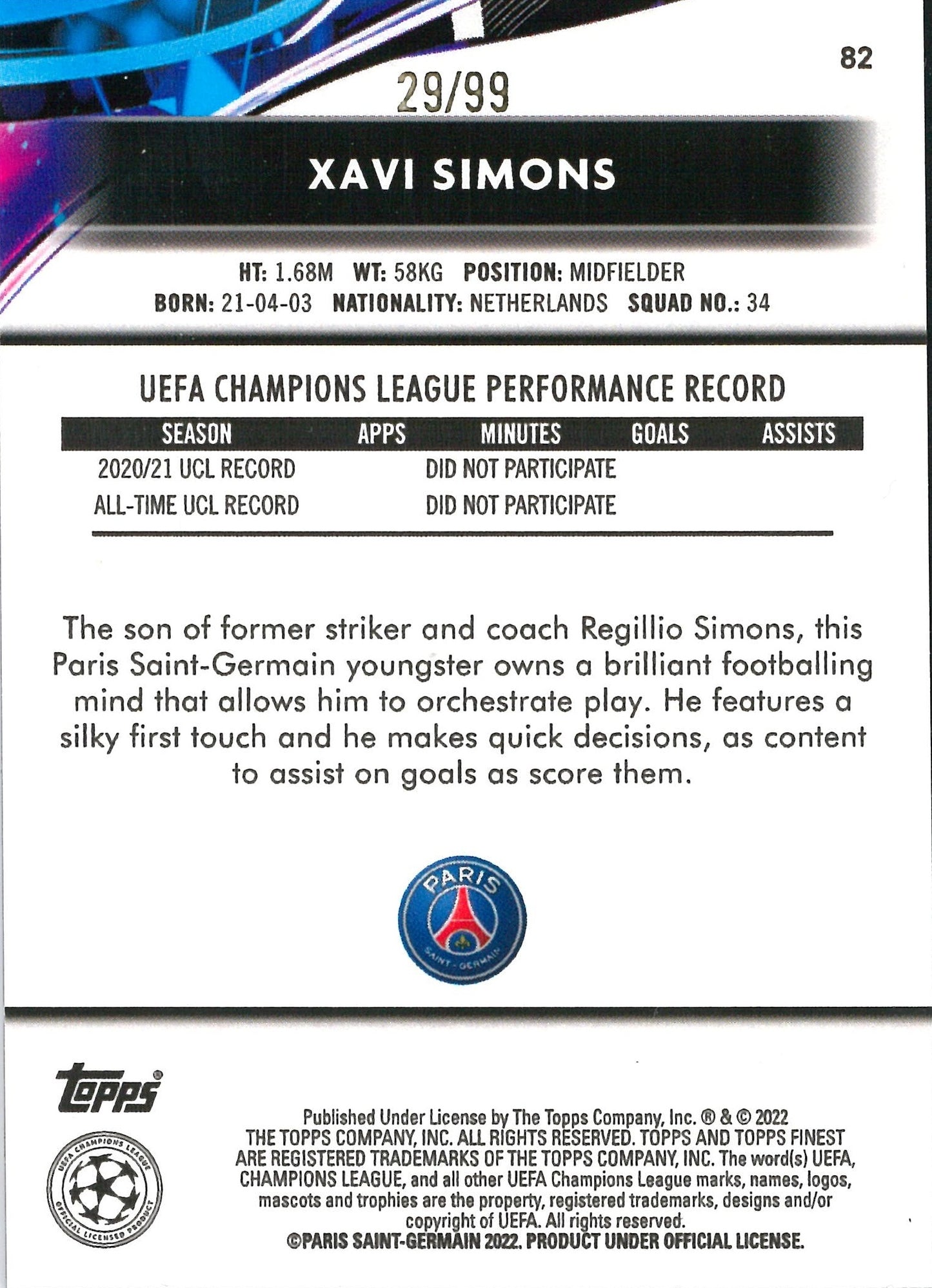 2022 Topps UCC Finest #82 Xavi Simons /99