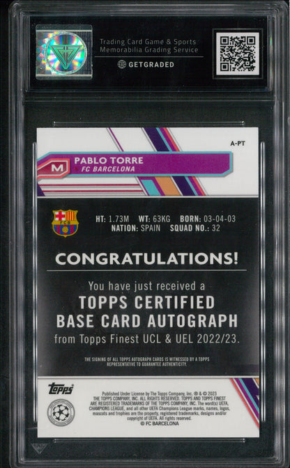 2023-24 TOPPS FINEST UCL BARCELONA PABLO TORRE AUTO GRADED 9